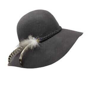 Forever 21 Wool Felt Cloche Hat Gray Feather Accent Wide Brim One Size Womens